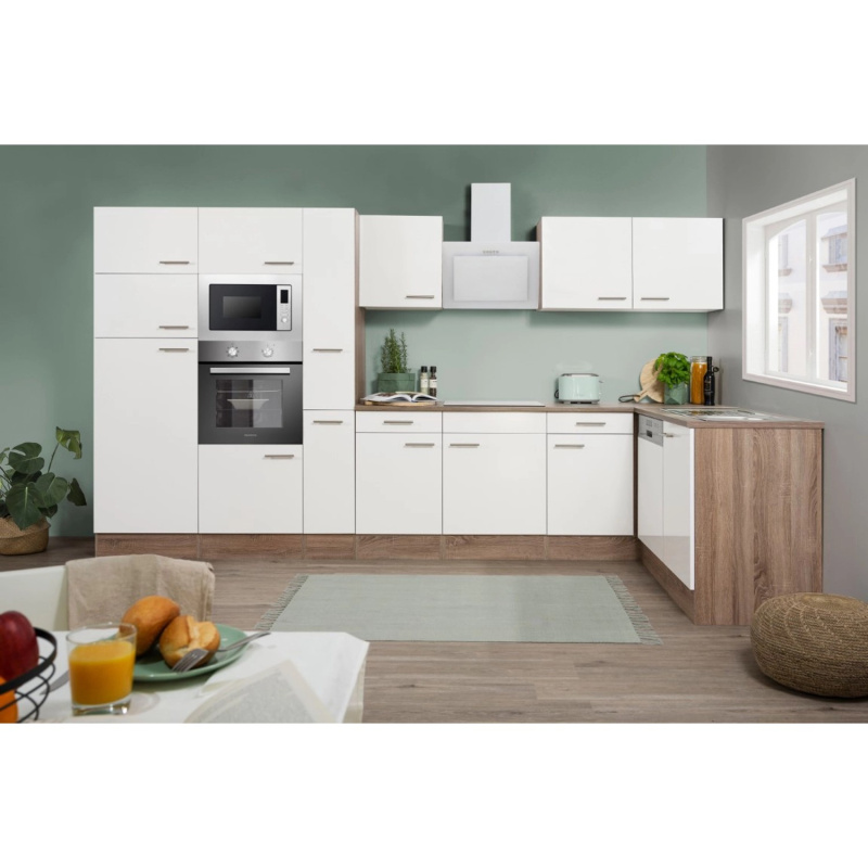 Respekta Kuchyně Oliver L bílá/dub 370 cm-trouba/skl.d./digestoř/myčka/led./mik.