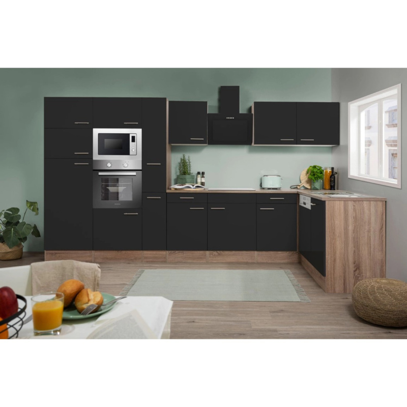 Respekta Kuchyně Oliver L černá/dub 370 cm-trouba/sk.d./digestoř/myčka/led./mik.