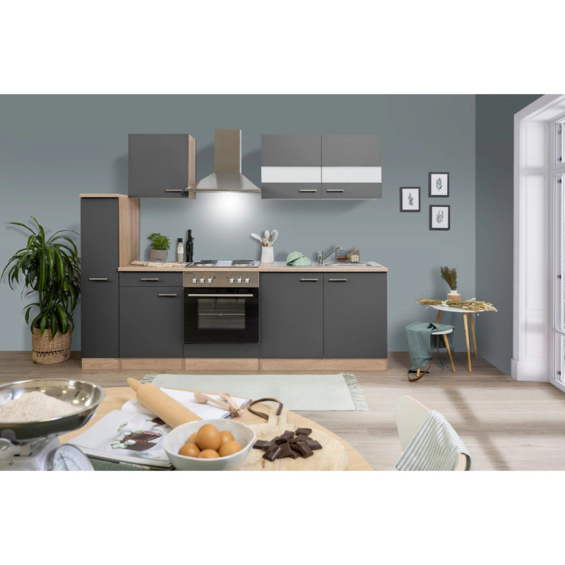 Respekta Kuchyně Merle šedá/dub 240 cm-nrz.deska/komín.digestoř/myčka