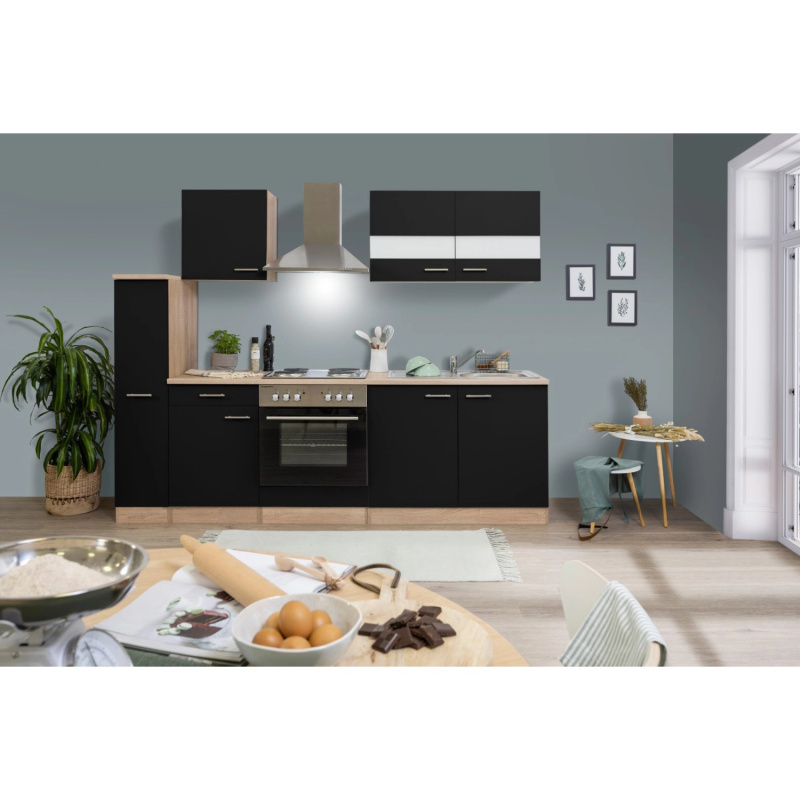 Respekta Kuchyně Merle černá/dub 240 cm-nrz.deska/komín.digestoř/myčka