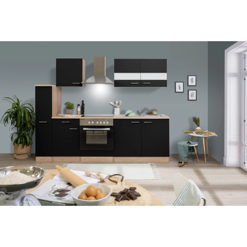 Respekta Kuchyně Merle černá/dub 240 cm-skl.deska/komín.digestoř/myčka