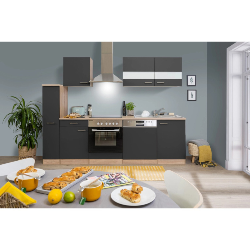 Respekta Kuchyně Merle šedá/dub 250 cm-skl.deska/komín.digestoř/myčka