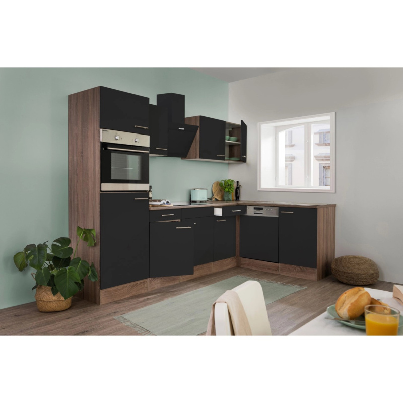 Respekta Kuchyně Oliver L černá/dub 280 cm-trouba/skl.d.(2)/dig.(2)/myčka/led.