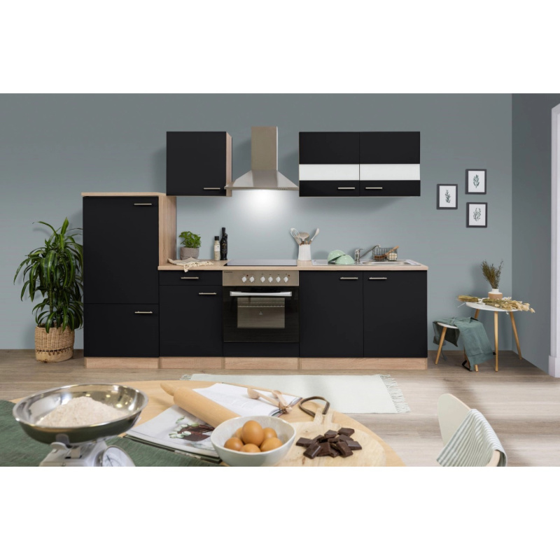 Respekta Kuchyně Merle černá/dub 270 cm-skl.deska(2)/šikmá digestoř(2)/lednice