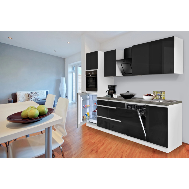 Respekta Kuchyně Lorena černá/žula 280 cm-trouba/skl.d.(2)/dig./myčka(2)/lednice