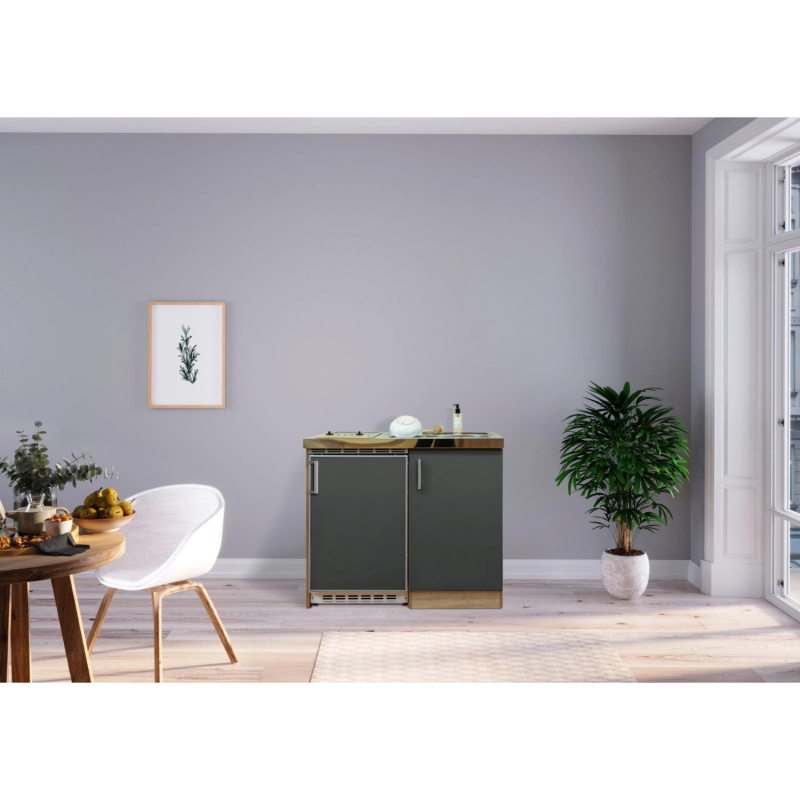 Respekta Kuchyně Levin šedá/dub 100 cm-skl.var.deska/lednice UKS110/sp.sk