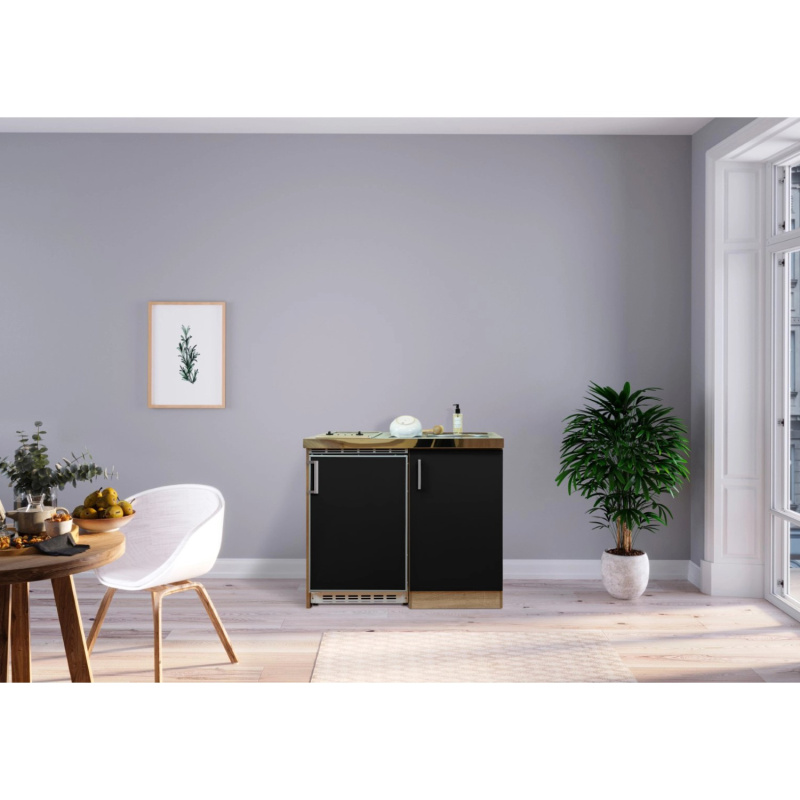 Respekta Kuchyně Levin černá/dub 100 cm-skl.var.deska/lednice UKS110/sp.sk