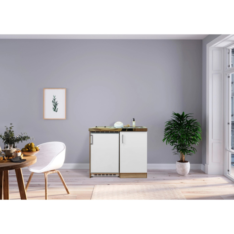 Respekta Kuchyně Levin bílá/dub 100 cm-skl.var.deska/lednice UKS110/sp.sk