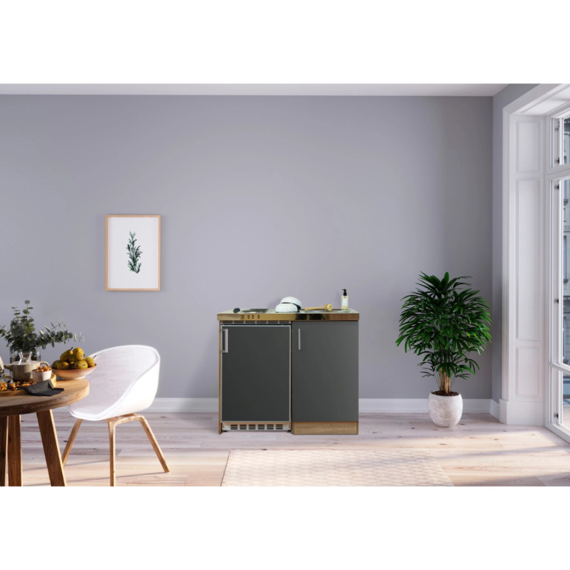 Respekta Kuchyně Levin šedá/dub 100 cm-nerez.var.deska/lednice UKS110/sp.sk