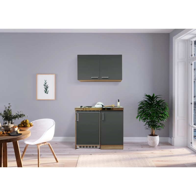 Respekta Kuchyně Levin šedá/dub 100 cm-nerez.var.deska/lednice UKS110/sp+h sk