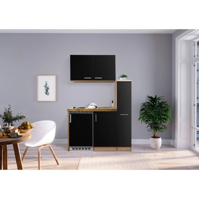 Respekta Kuchyně Levin černá/dub 130 cm-nerez.var.deska/lednice UKS110/sp+h+p sk