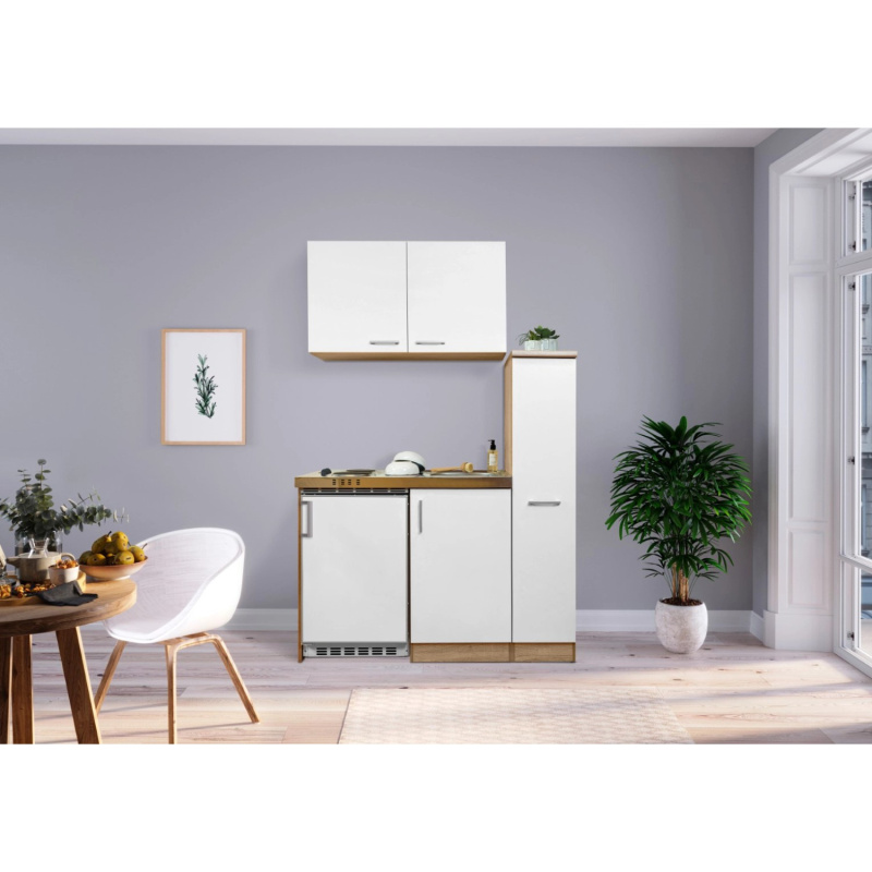 Respekta Kuchyně Levin bílá/dub 130 cm-nerez.var.deska/lednice UKS110/sp+h+p sk