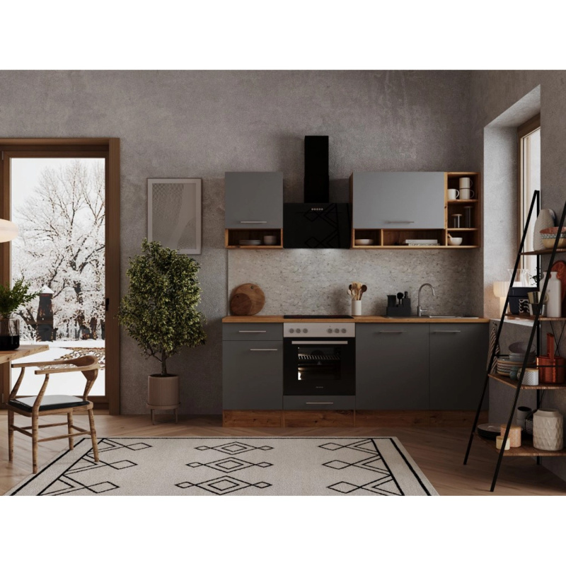 Respekta Kuchyně Hilde šedá/dub 220 cm-trouba+sklokeramická d./digestoř/myčka