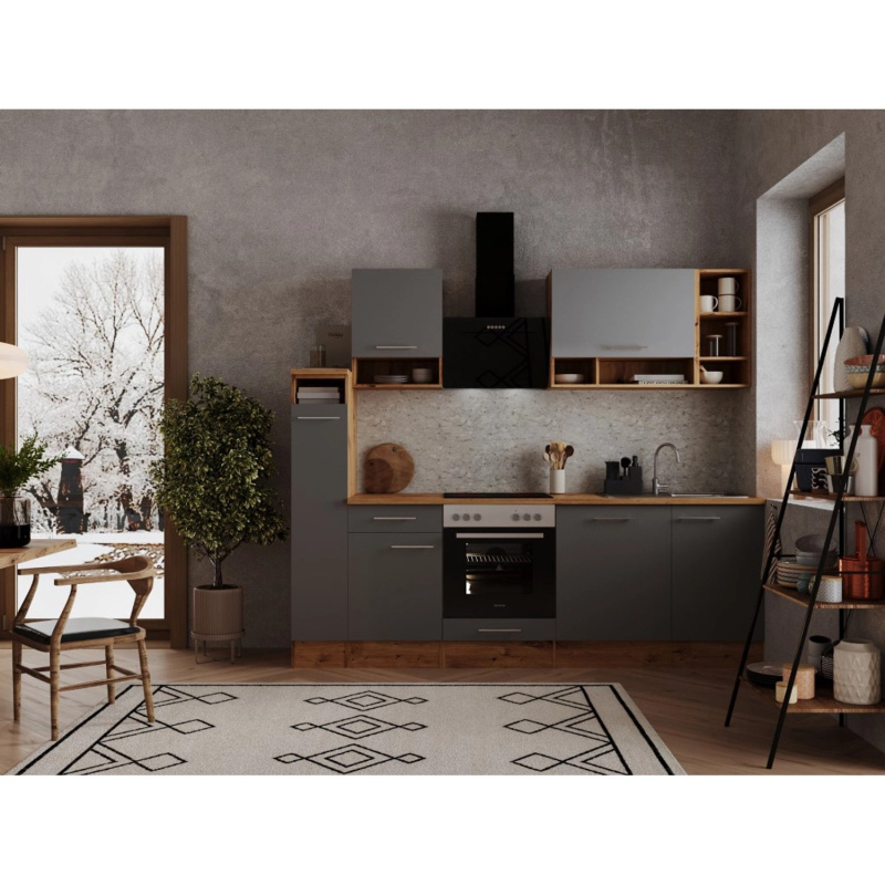 Respekta Kuchyně Hilde šedá/dub 250 cm-trouba+sklokeramická d./digestoř/myčka