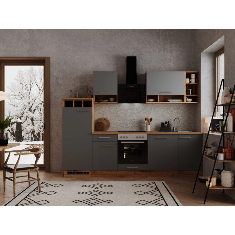 Respekta Kuchyně Hilde šedá/dub 280 cm-trouba+skloker.d./digestoř/myčka/lednice