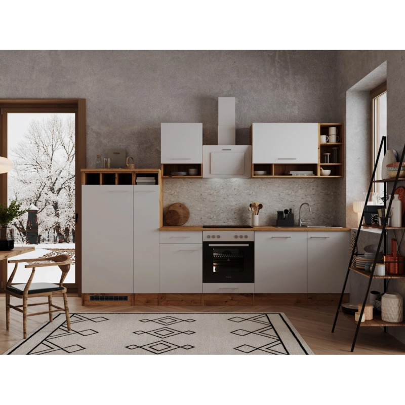 Respekta Kuchyně Hilde bílá/dub 310 cm-trouba/deska, šik.dig., myčka, lednice