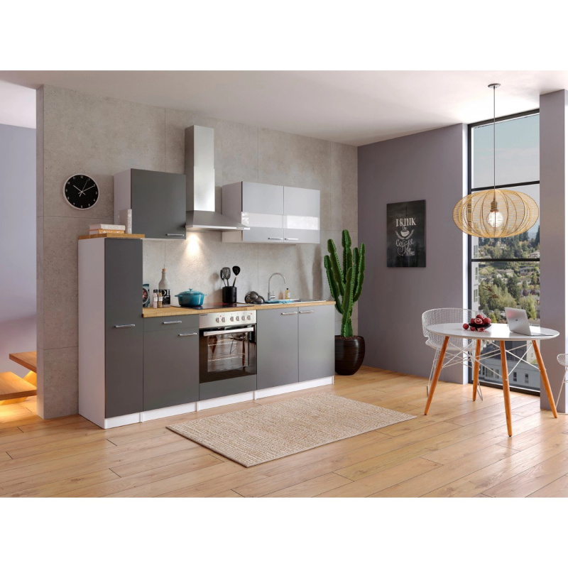 Respekta Kuchyně Malia šedá/ořech 240 cm - skloker.deska/komínová digestoř