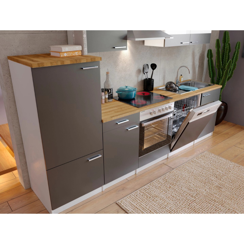 Respekta Kuchyně Malia šedá/ořech 280 cm - skloker.deska/kom.dig./lednice/myčka