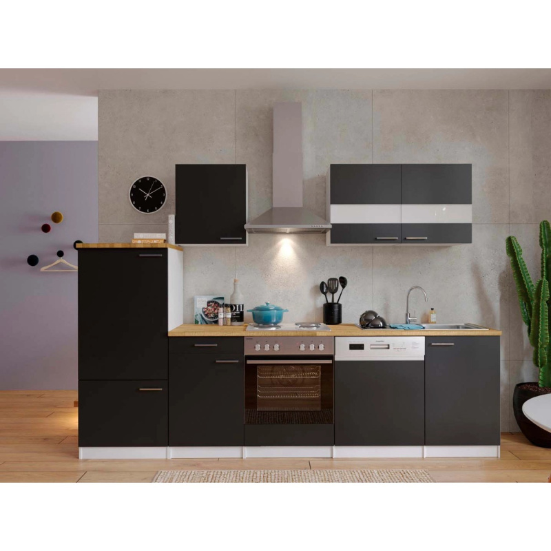 Respekta Kuchyně Malia černá/ořech 280 cm - nerez.deska/komín.dig./lednice/myčka