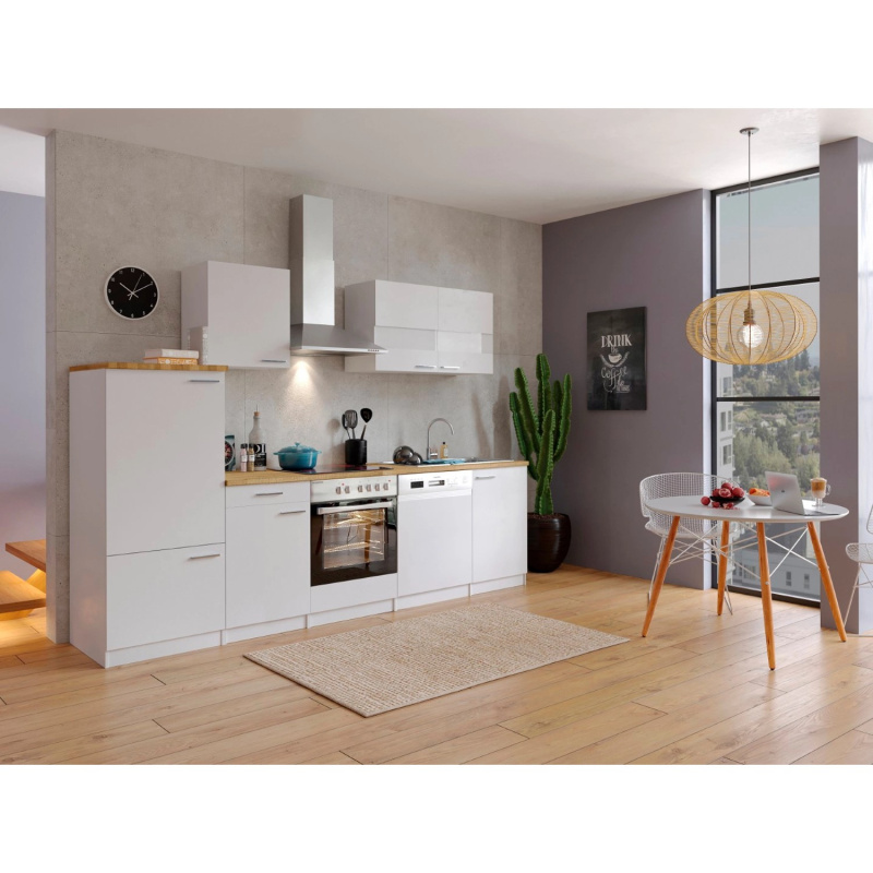 Respekta Kuchyně Malia bílá/ořech 280 cm - skloker.deska/kom.dig./lednice/myčka