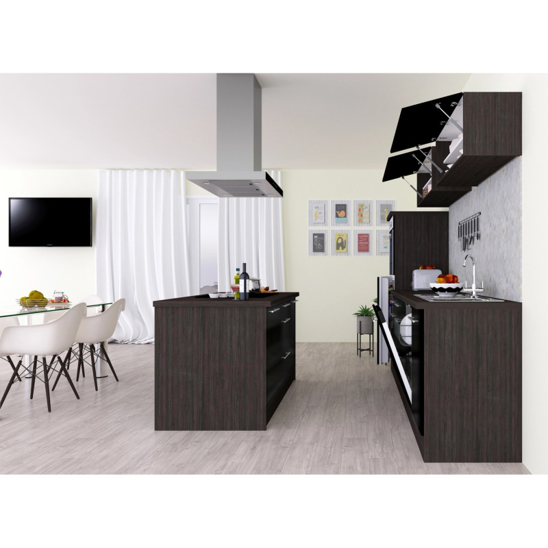 Respekta kuchyně s ostrůvkem Amanda černá/dub 280 cm-trouba/skl.d./dig./my./led.