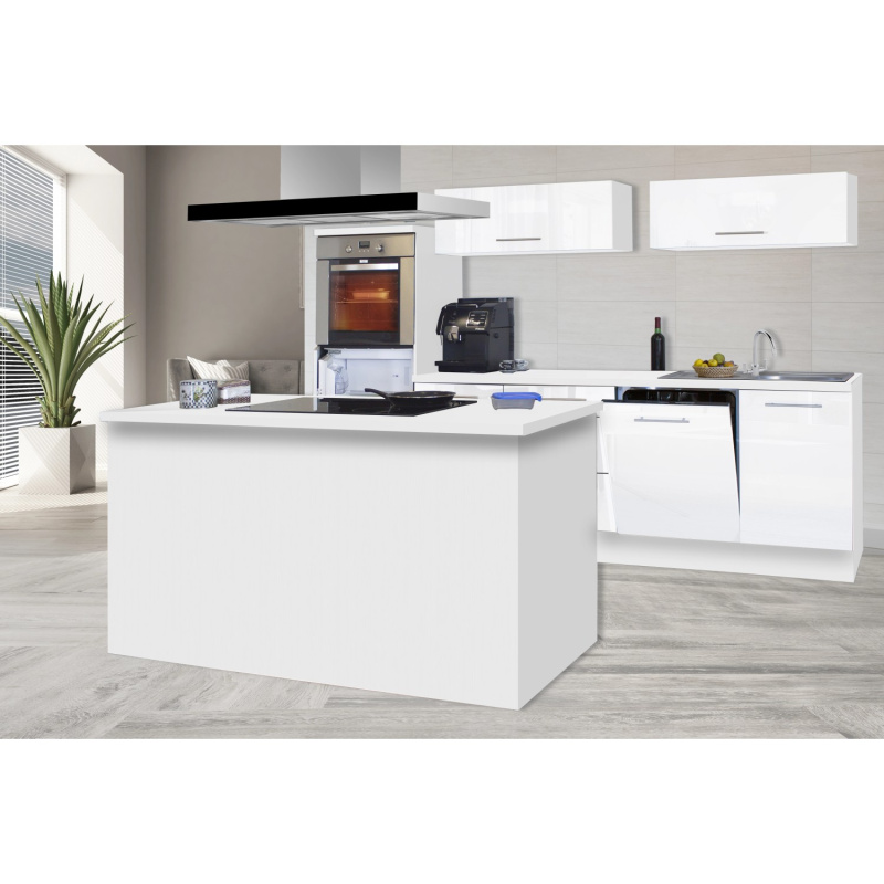 Respekta Kuchyně s ostrůvkem Amanda bílá/bílá 280 cm-trouba/skl.d./dig./my./led.