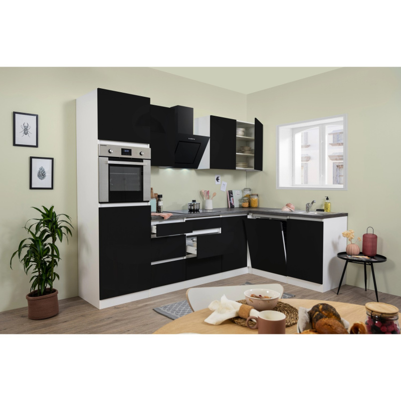 Respekta Kuchyně Lorena L černá/žula 280 cm-trouba/skl.d./digestoř/myčka/lednice