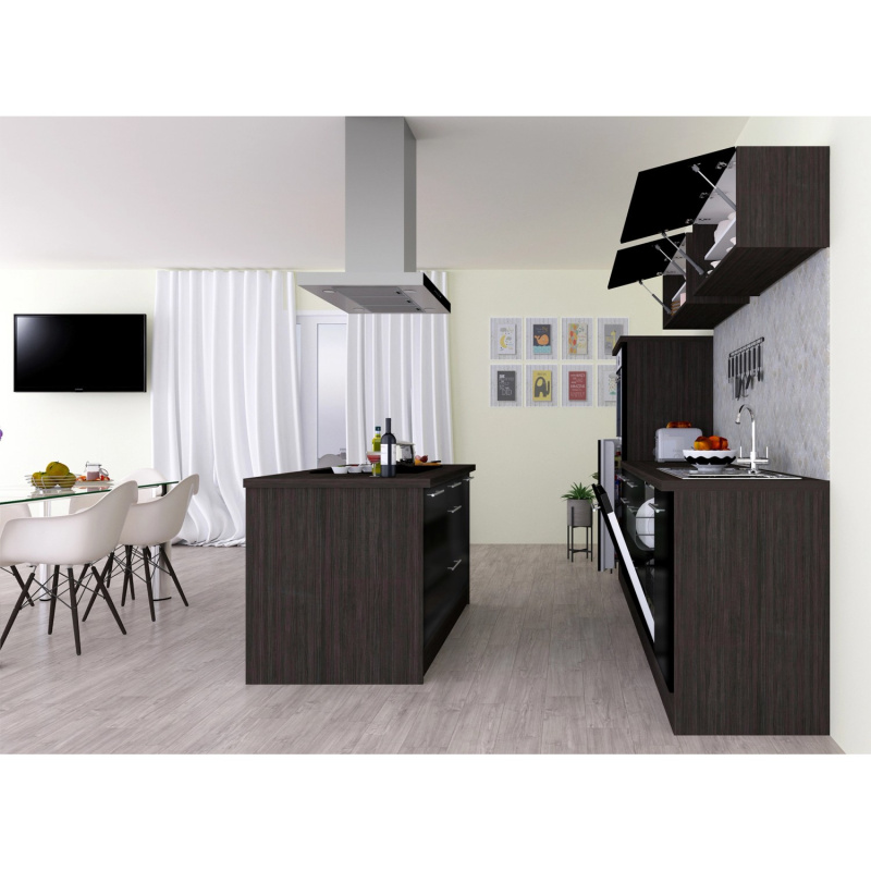 Respekta Kuchyně s ostrůvkem Amanda černá/dub 310 cm-trouba/sk.d./dig./my./led.