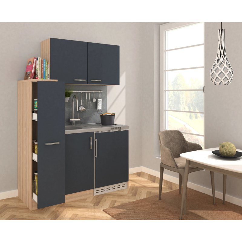 Respekta Kuchyně Levin šedá/dub 130 cm-nerez.var.deska/lednice UKS110/sp+h+p sk