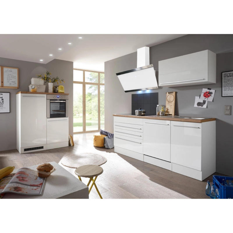 Respekta Kuchyně Gabriel bílá/dub 320 cm-trouba/skl.d.(2)/dig.(2)/myčka(2)/led.