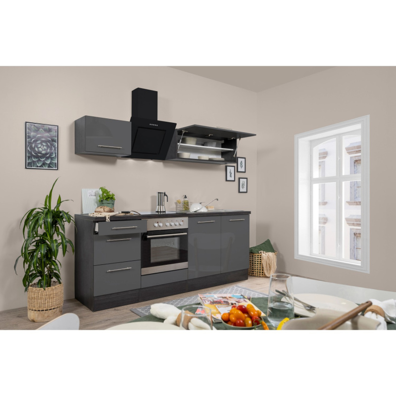 Respekta Kuchyně Amanda šedá/dub 210 cm - trouba+skloker.deska/šikmá digestoř