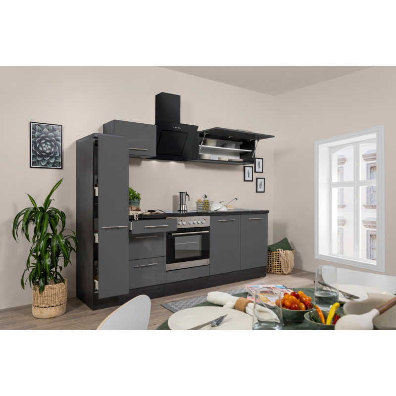 Respekta Kuchyně Amanda šedá/dub 240 cm - trouba+skloker.deska/šikmá digestoř