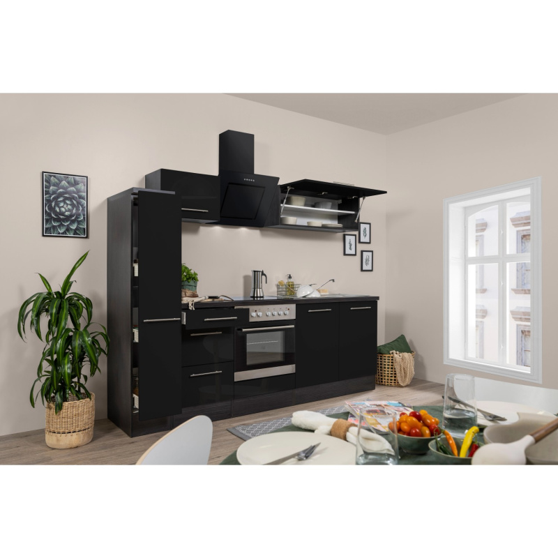 Respekta Kuchyně Amanda černá/dub 240 cm - trouba+skloker.deska/šikmá digestoř