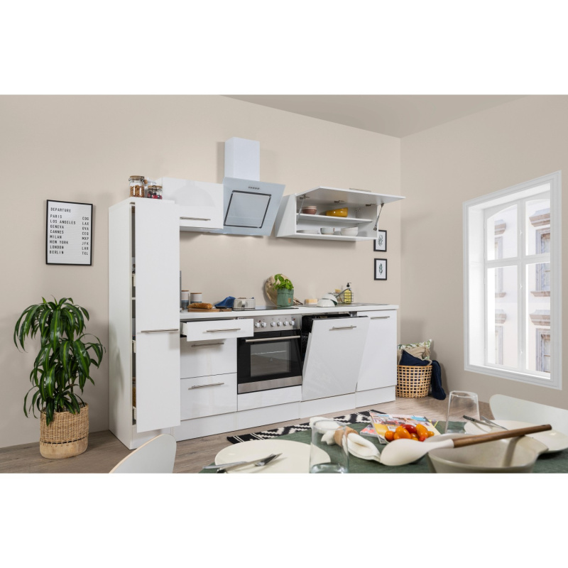 Respekta Kuchyně Amanda bílá/bílá 250 cm - trouba+sklok.d./šikmá digestoř/myčka