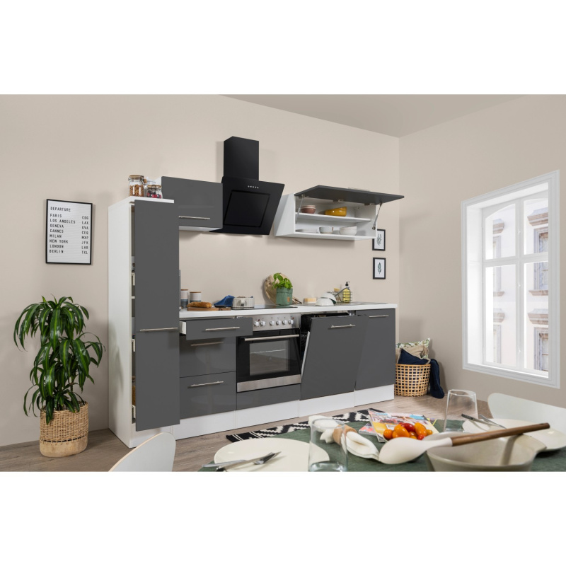 Respekta Kuchyně Amanda šedá/bílá 250 cm - trouba+sklok.d./šikmá digestoř/myčka
