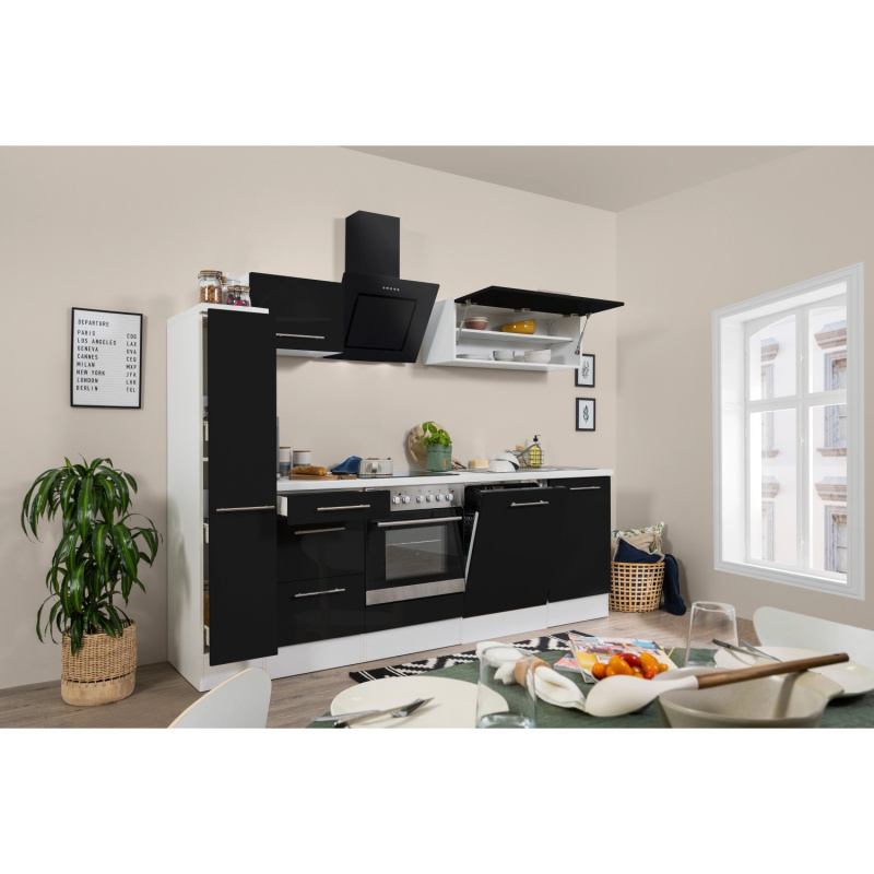 Respekta Kuchyně Amanda černá/bílá 250 cm - trouba+sklok.d./šikmá digestoř/myčka