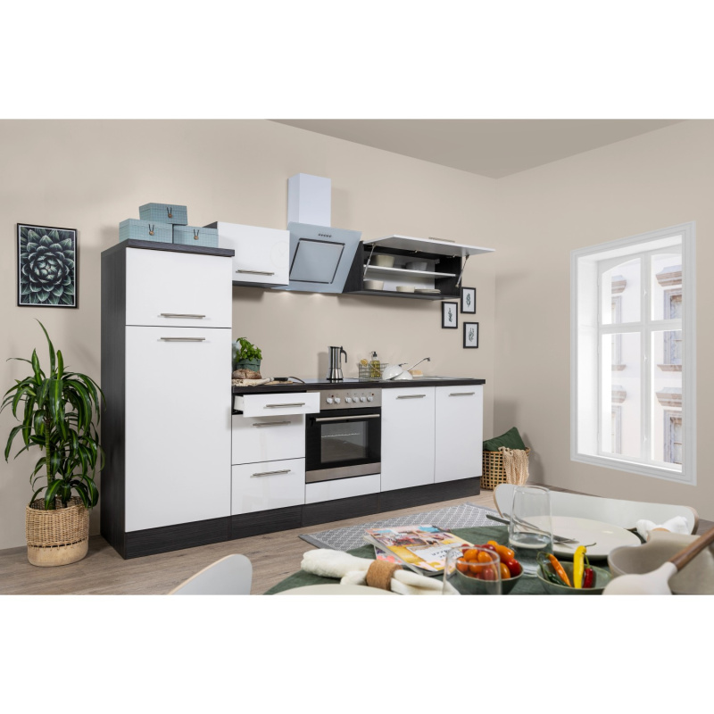 Respekta Kuchyně Amanda bílá/dub 270 cm - trouba+skloker.d./digestoř/lednice