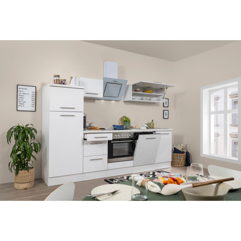 Respekta Kuchyně Amanda bílá/bílá 280 cm-trouba+sklok.d./digestoř/myčka/lednice