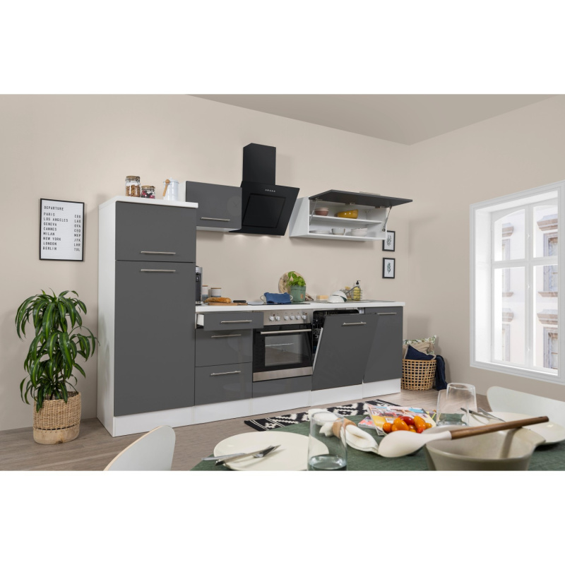 Respekta Kuchyně Amanda šedá/bílá 280 cm-trouba+sklok.d./digestoř/myčka/lednice