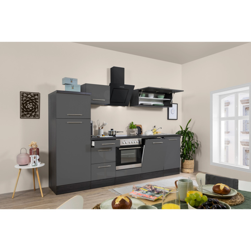 Respekta Kuchyně Amanda šedá/dub 280 cm-trouba+sklok.d./digestoř/myčka/lednice