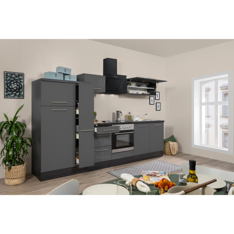 Respekta Kuchyně Amanda šedá/dub 300 cm-trouba+skloker.d.a/digestoř/lednice