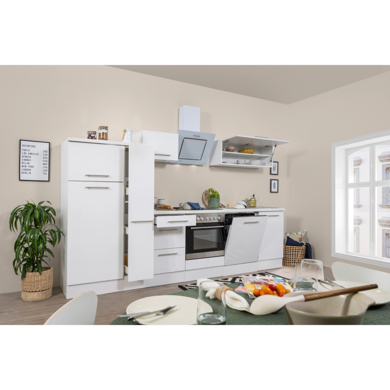 Respekta Kuchyně Amanda bílá/bílá 310 cm-trouba+skl.deska/digestoř/myčka/lednice