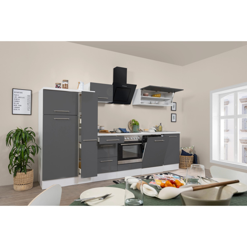 Respekta Kuchyně Amanda šedá/bílá 310 cm-trouba+skl.deska/digestoř/myčka/lednice