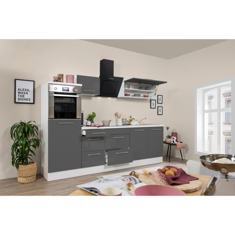 Respekta Kuchyně Amanda šedá/bílá 270 cm - trouba/skloker.d./digestoř/lednice