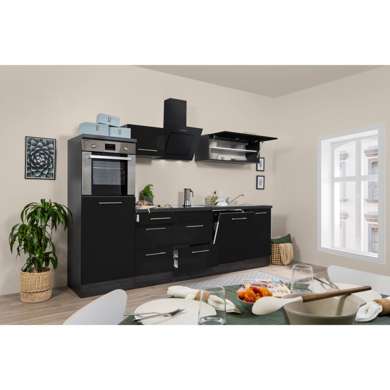 Respekta Kuchyně Amanda černá/dub 280 cm-trouba/sklok.d./digestoř/myčka/lednice