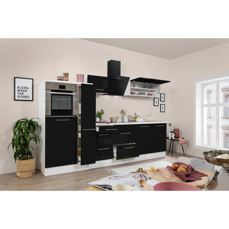 Respekta Kuchyně Amanda černá/bílá 300 cm-trouba, skl.deska, šik.dig., lednice