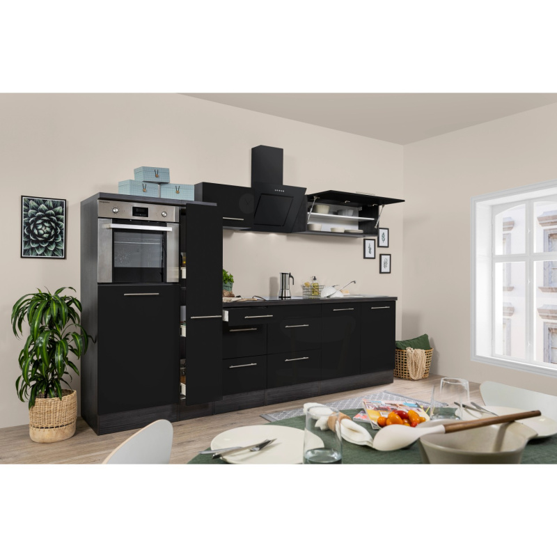 Respekta Kuchyně Amanda černá/dub 300 cm-trouba, skl.deska, šik.dig., lednice