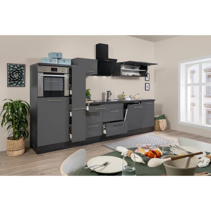 Respekta Kuchyně Amanda šedá/dub 310 cm-trouba/skl.deska/digestoř/myčka/lednice