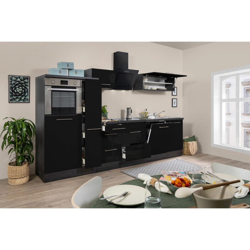 Respekta Kuchyně Amanda černá/dub 310 cm-trouba/skl.deska/digestoř/myčka/lednice