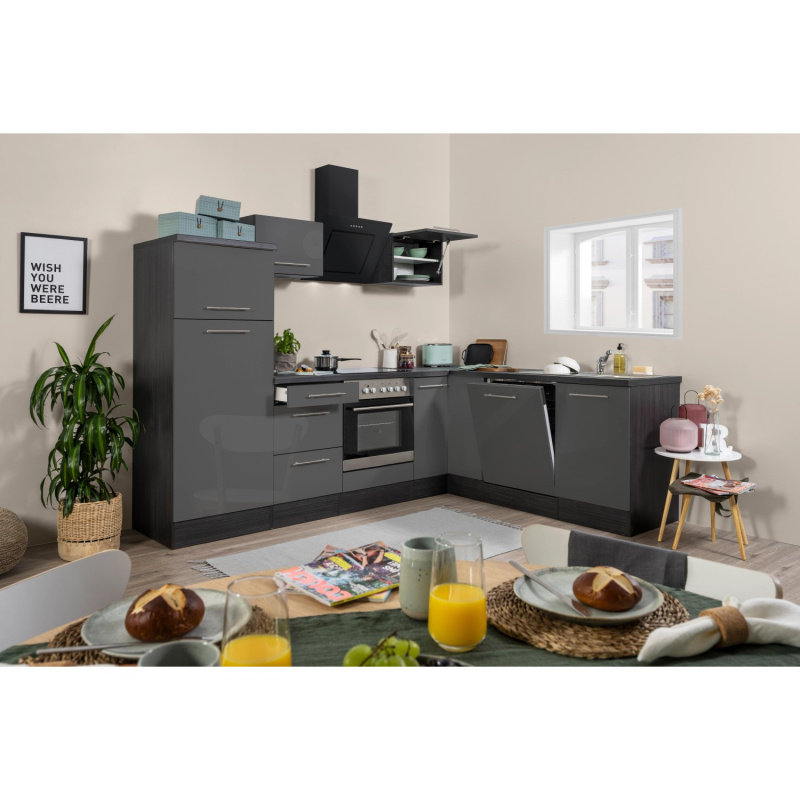 Respekta Kuchyně Amanda L šedá/dub 260 cm-trouba+skl.d./digestoř/myčka/lednice